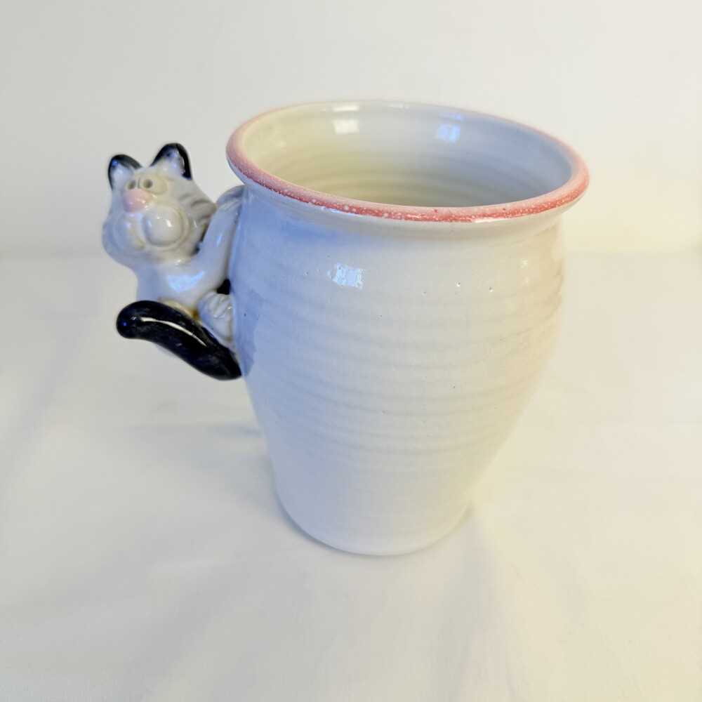 Nishio Ceramic Cat Design Handle White Pink Rim Mug Japan Cup Vase